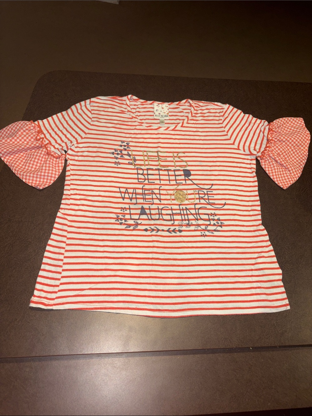 Girls Red & White Striped Short Sleeve Tee with Gingham Ruffle Sleeves